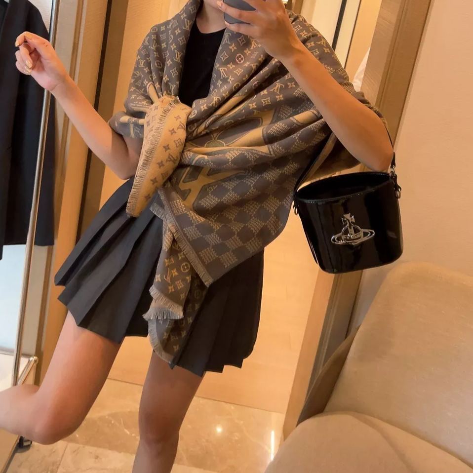 Plaid Panel Monogram Cashmere Scarf Shawl mysite