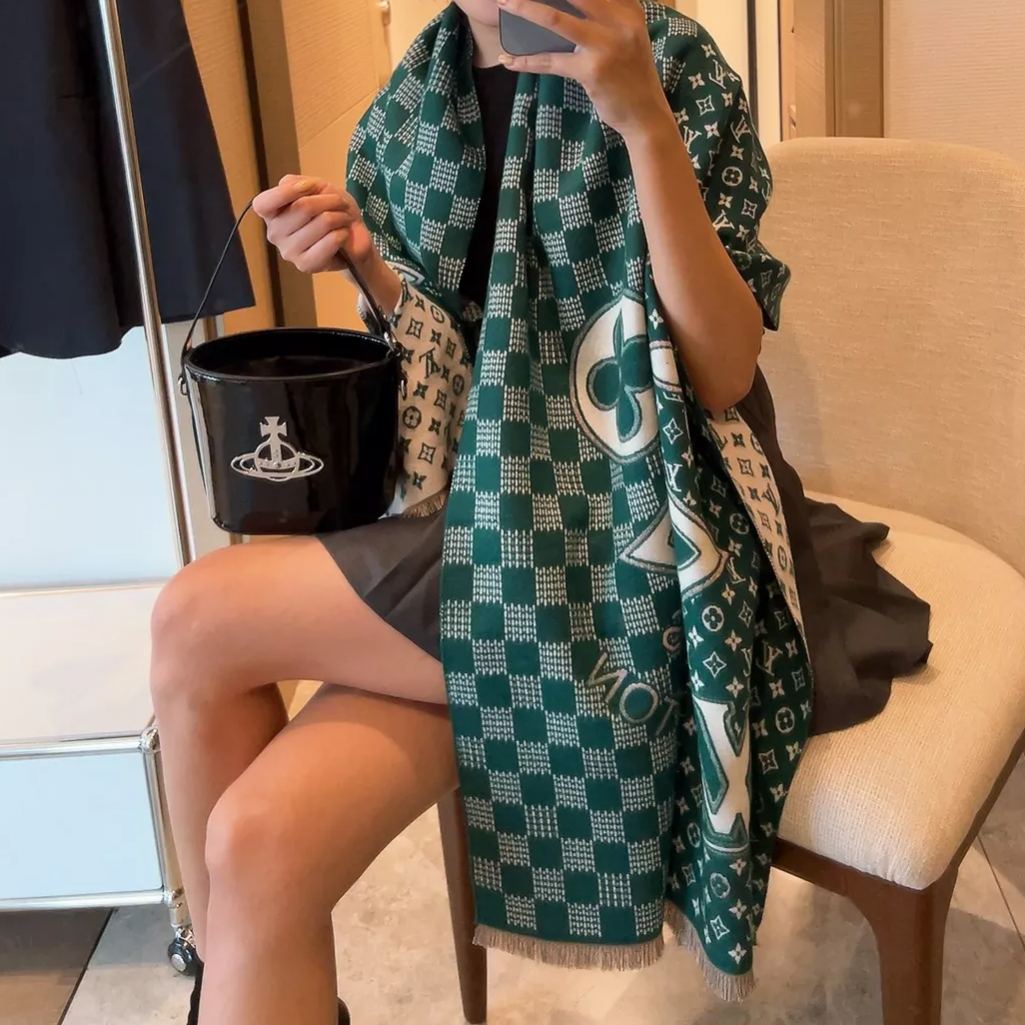 Plaid Panel Monogram Cashmere Scarf Shawl mysite