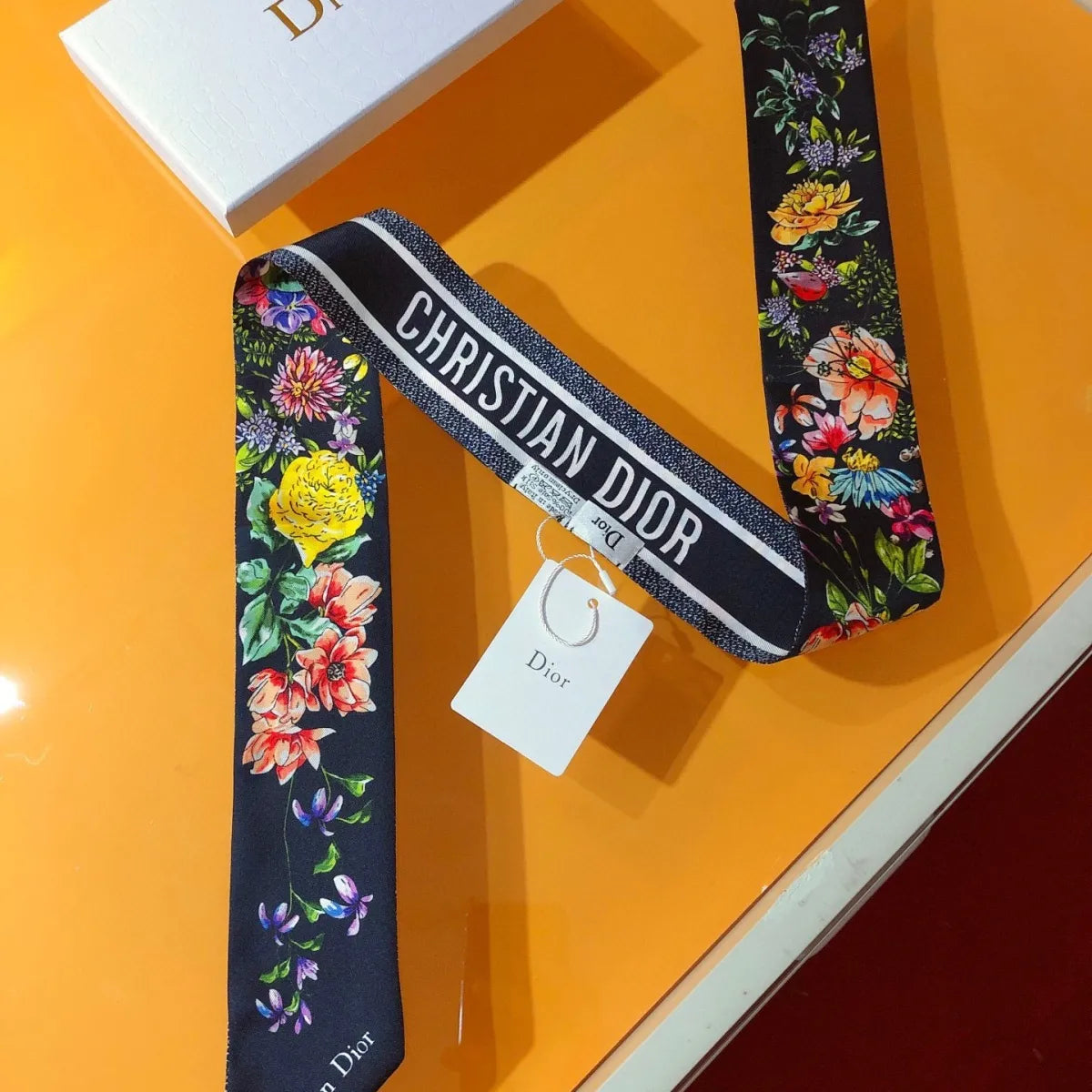 Bevel Edge Floral Double Layer Ribbon Silk Scarf mysite