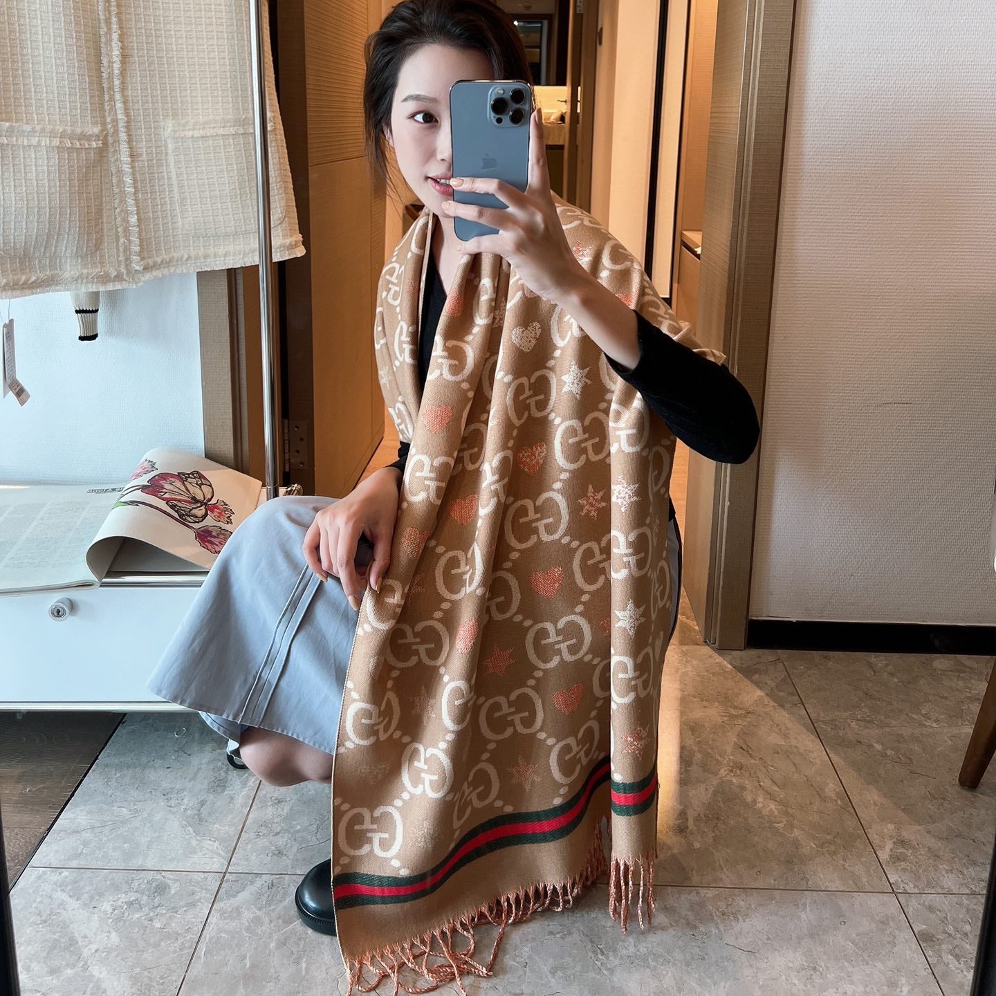 Reversible Cashmere Jacquard Fringe Scarf Shawl mysite