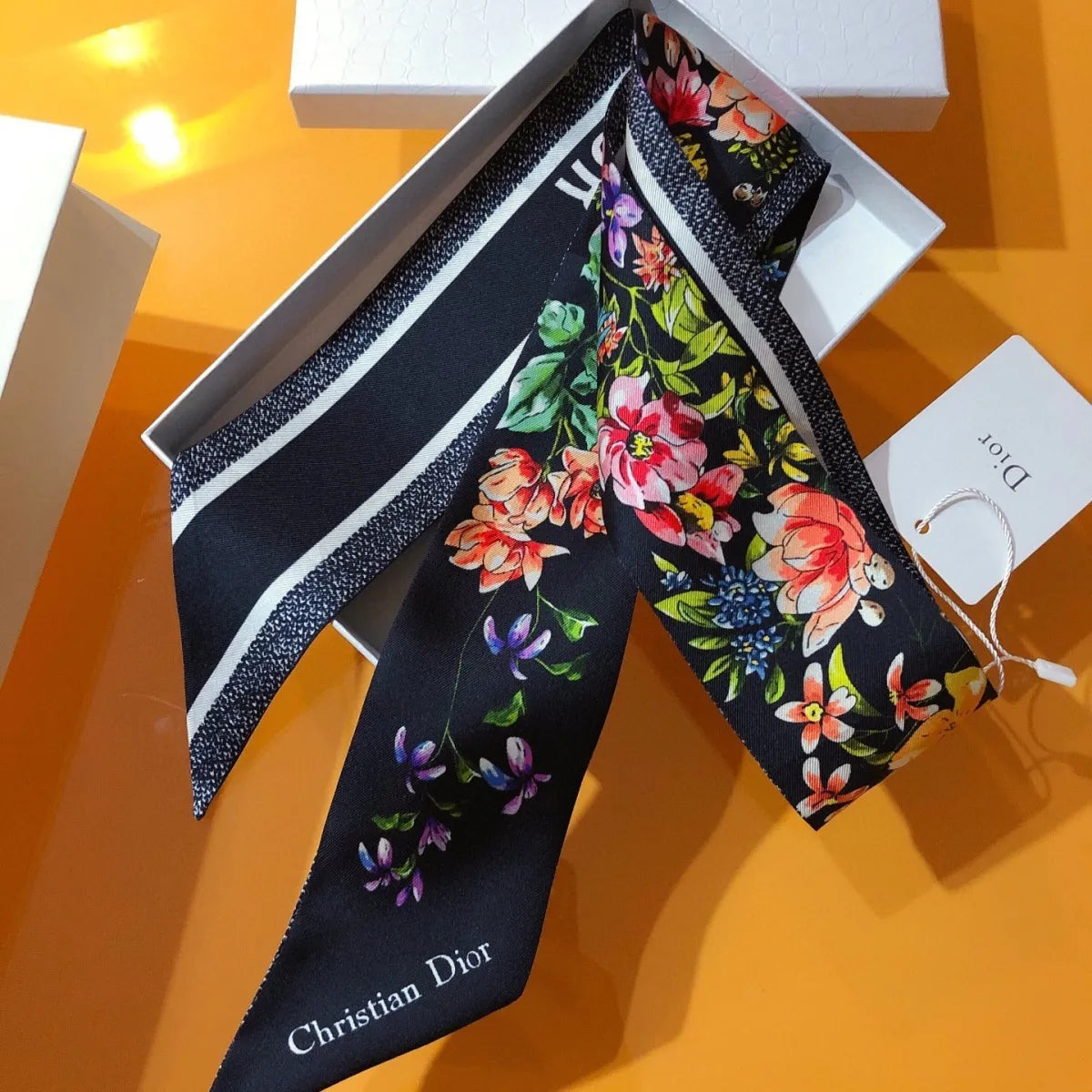 Bevel Edge Floral Double Layer Ribbon Silk Scarf mysite