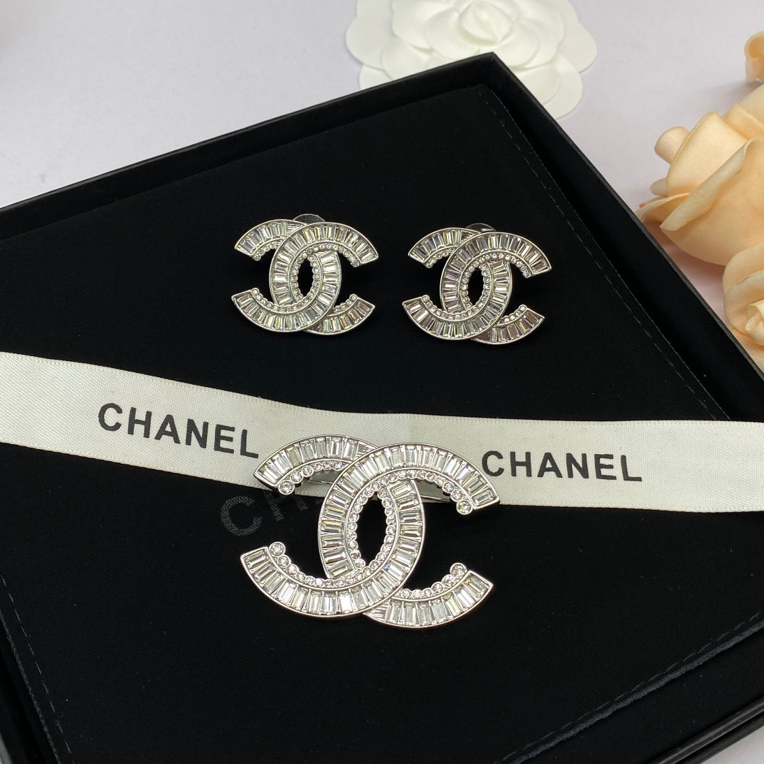 Crystal Baguette Silver Brooch and Earrings mysite