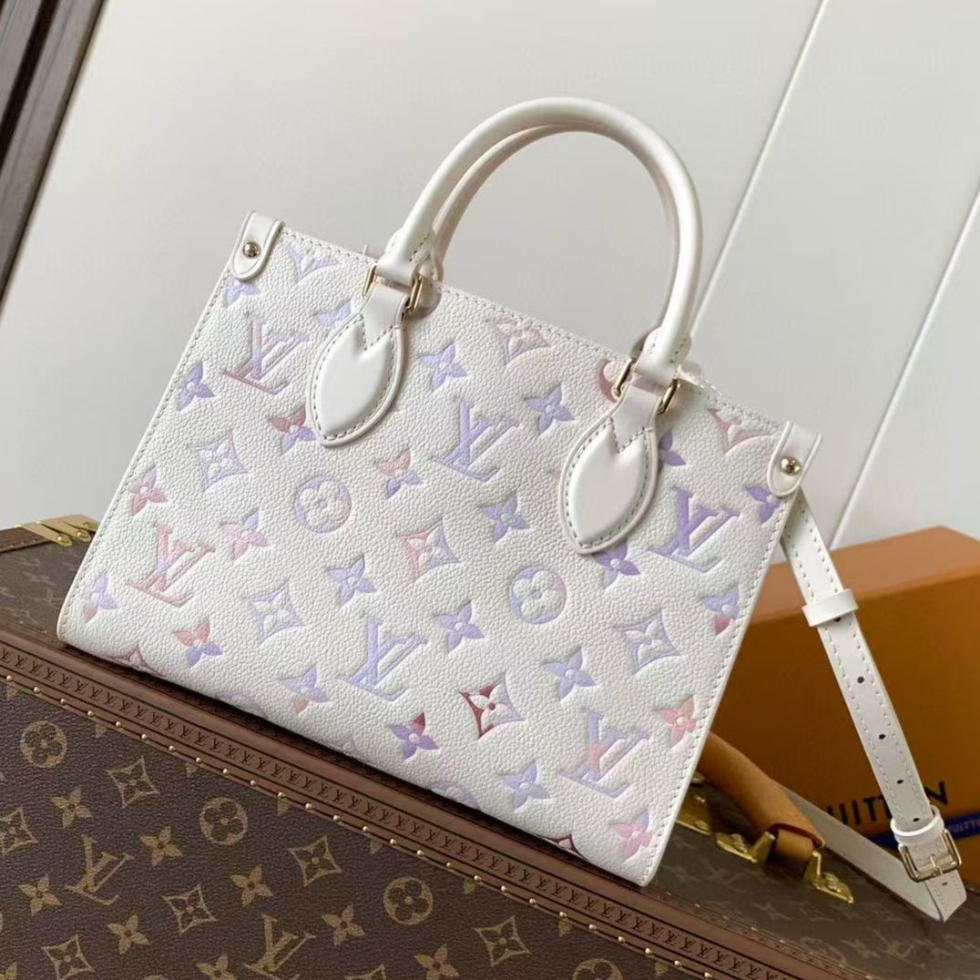 LV OnTheGo 25cm Bag White Purple Pink Embossed Grained Cowhide mysite