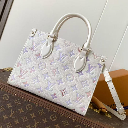 LV OnTheGo 25cm Bag White Purple Pink Embossed Grained Cowhide mysite
