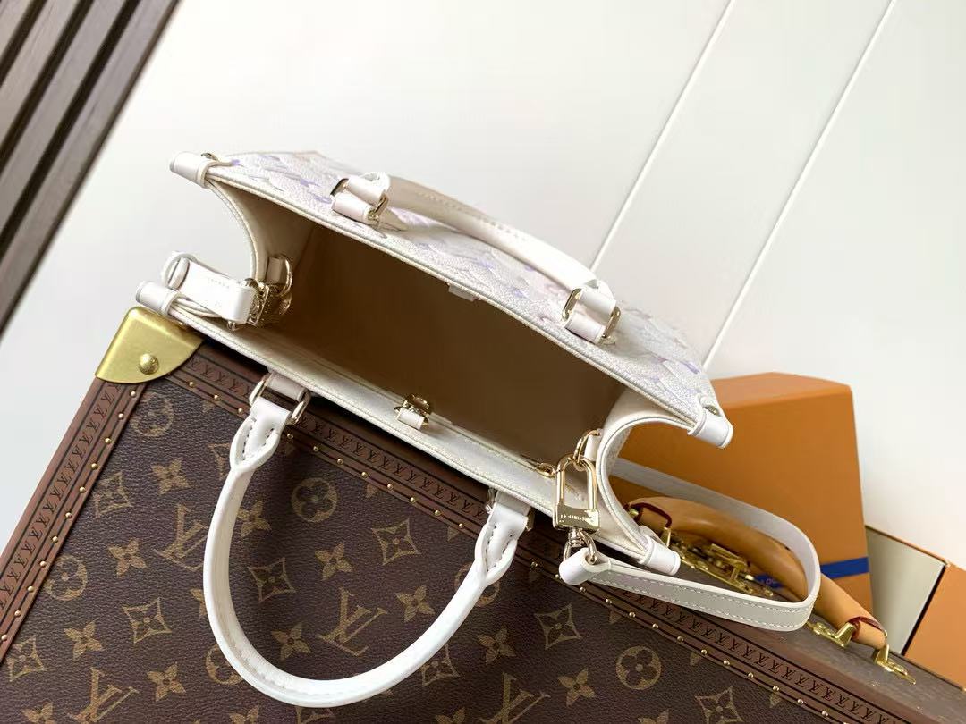 LV OnTheGo 25cm Bag White Purple Pink Embossed Grained Cowhide mysite
