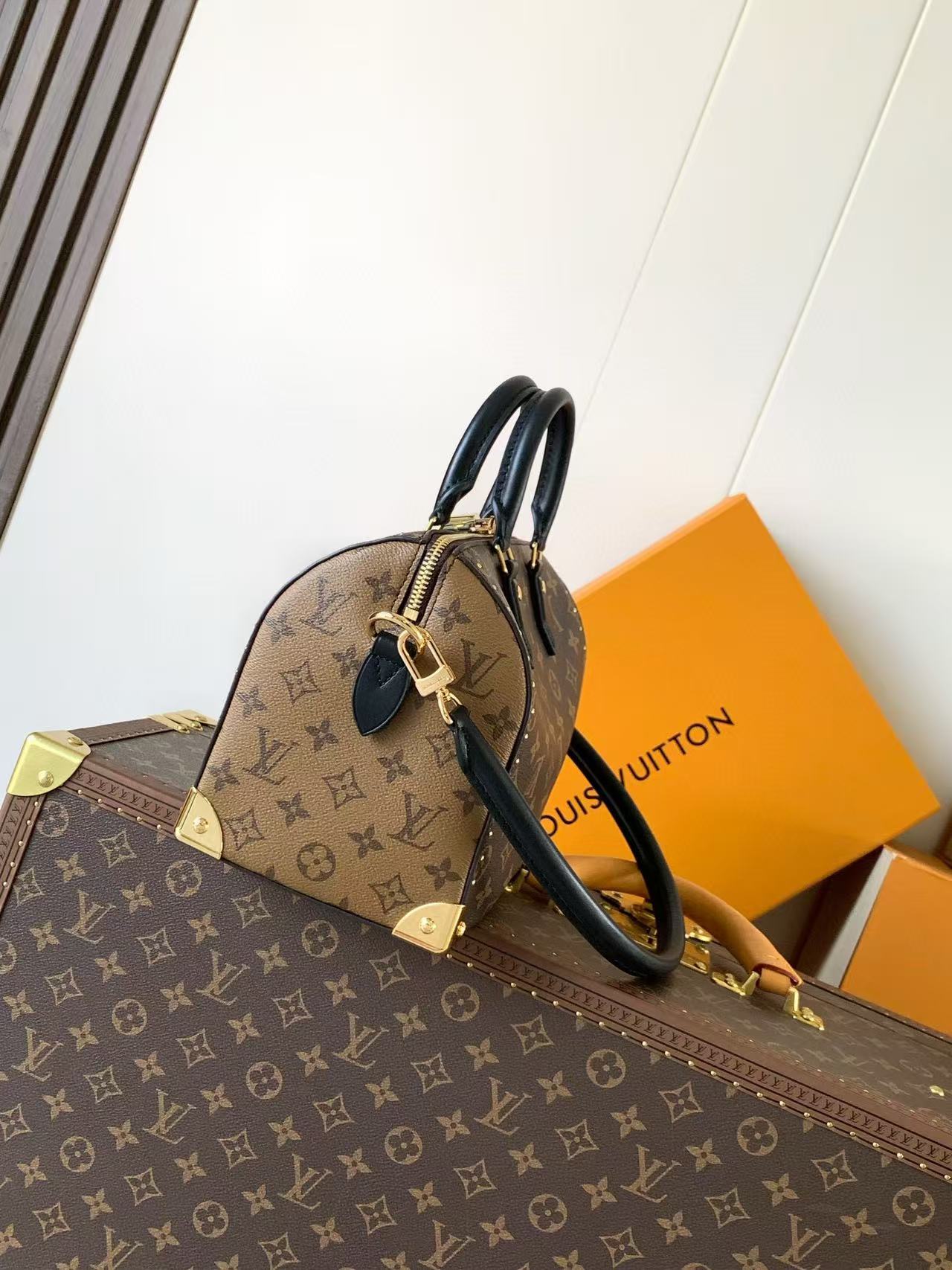 LV Speedy Trunk Bag 20cm Black Brown Cowhide Canvas mysite