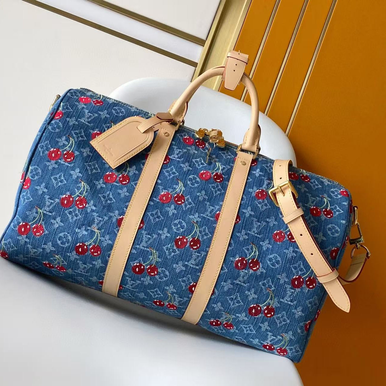 LV x TM Keepall Bandoulière 45cm Bag Blue Red Beige Denim Fabric Cowhide mysite