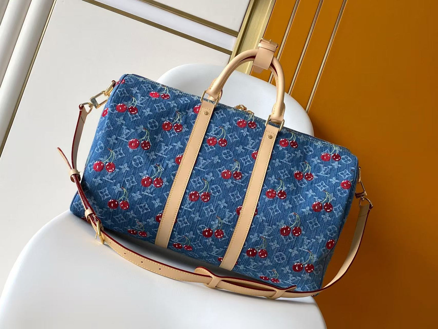 LV x TM Keepall Bandoulière 45cm Bag Blue Red Beige Denim Fabric Cowhide mysite