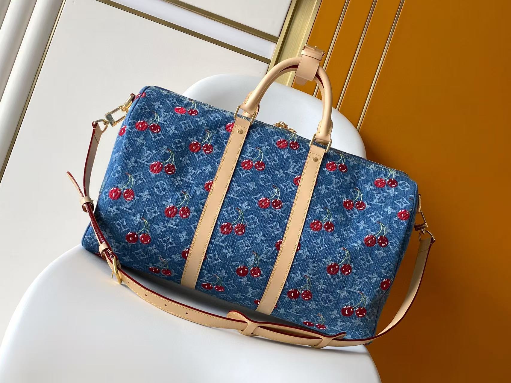 LV x TM Keepall Bandoulière 45cm Bag Blue Red Beige Denim Fabric Cowhide mysite
