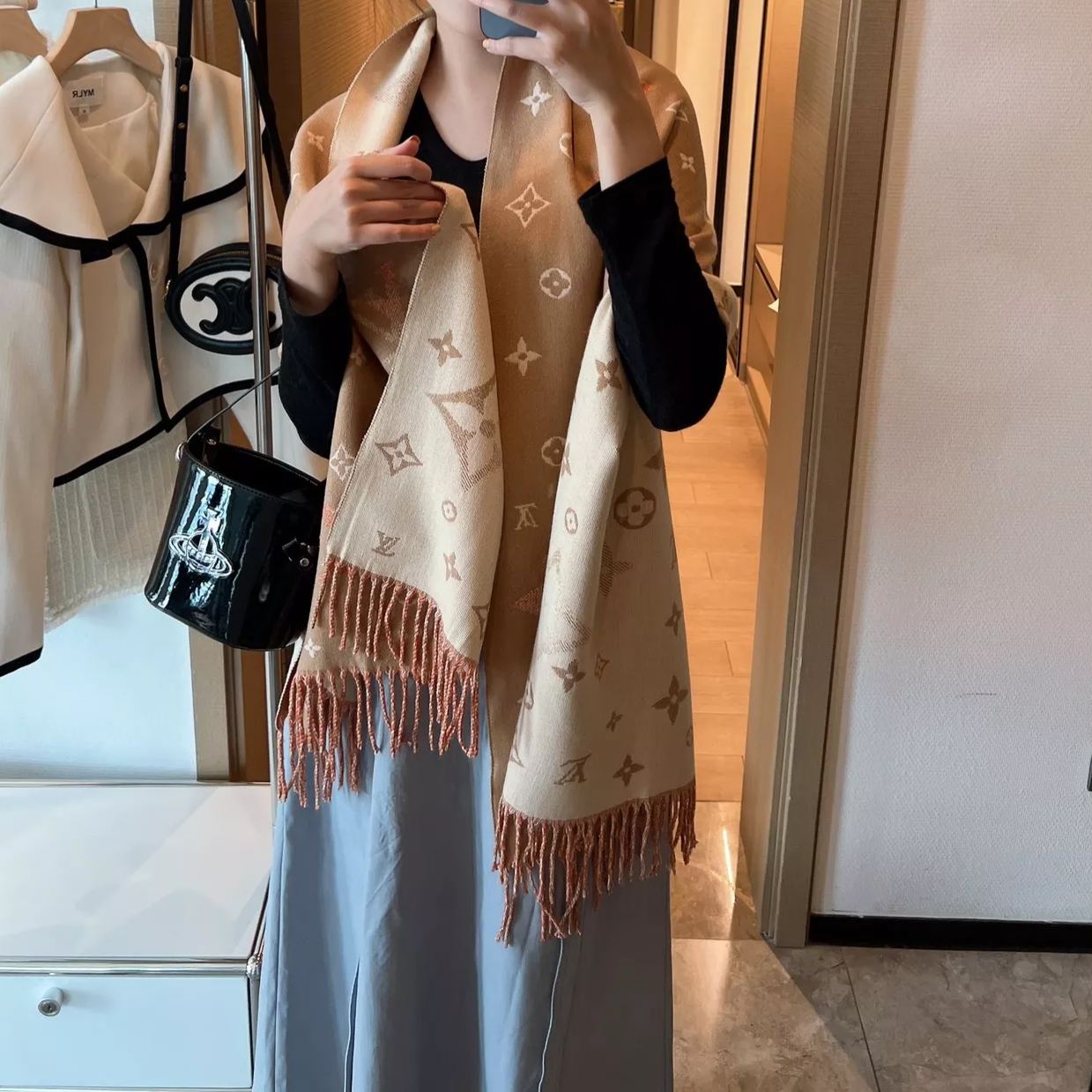 Trendy monogram jacquard fringed scarf mysite