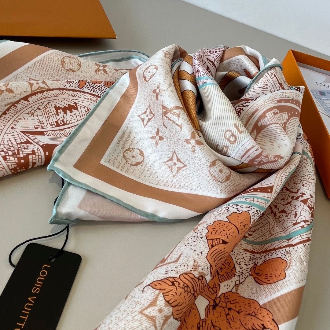Orange printed mulberry silk square scarf mysite