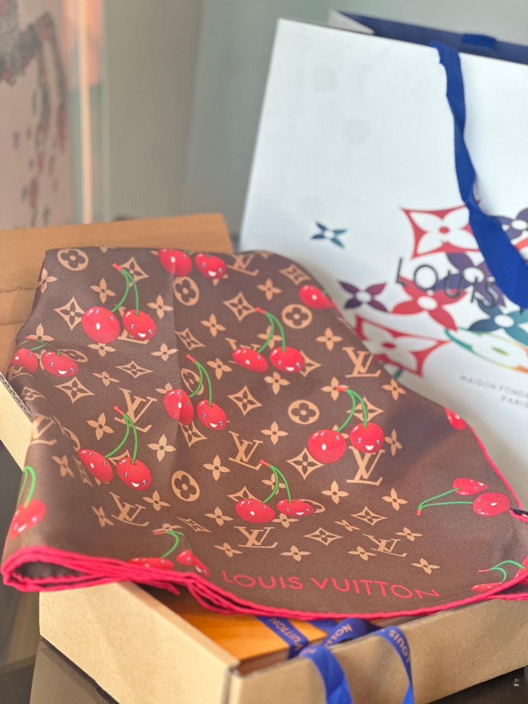 Cherry pattern square silk scarf mysite