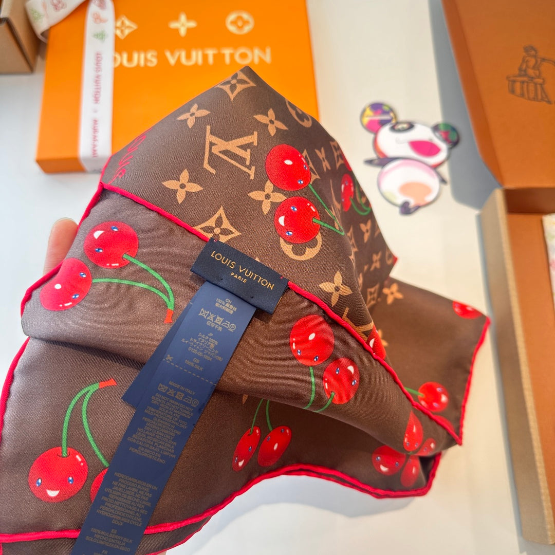 Cherry pattern square silk scarf mysite
