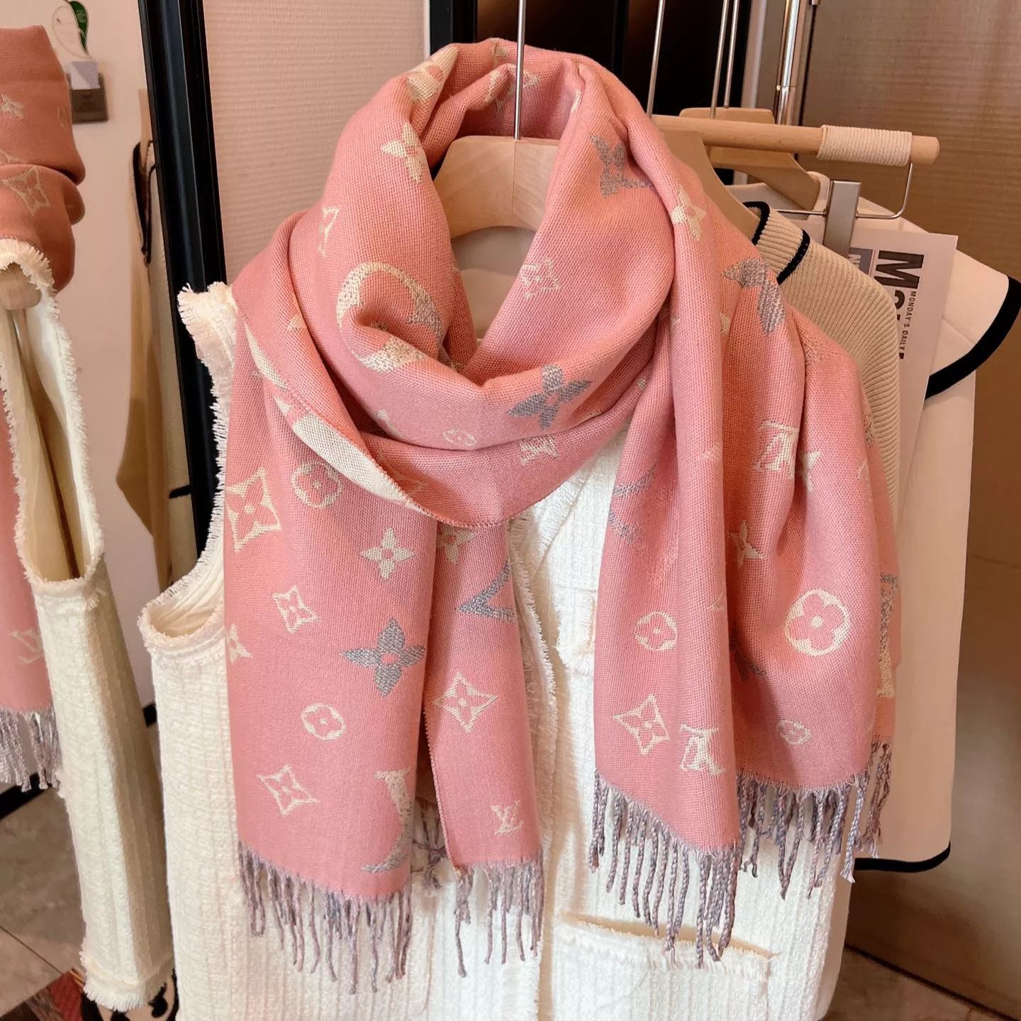 Trendy monogram jacquard fringed scarf mysite