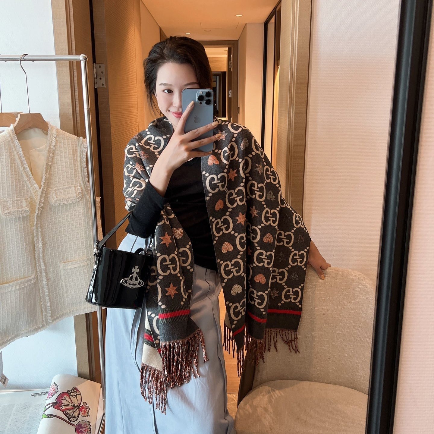 Reversible Cashmere Jacquard Fringe Scarf Shawl mysite
