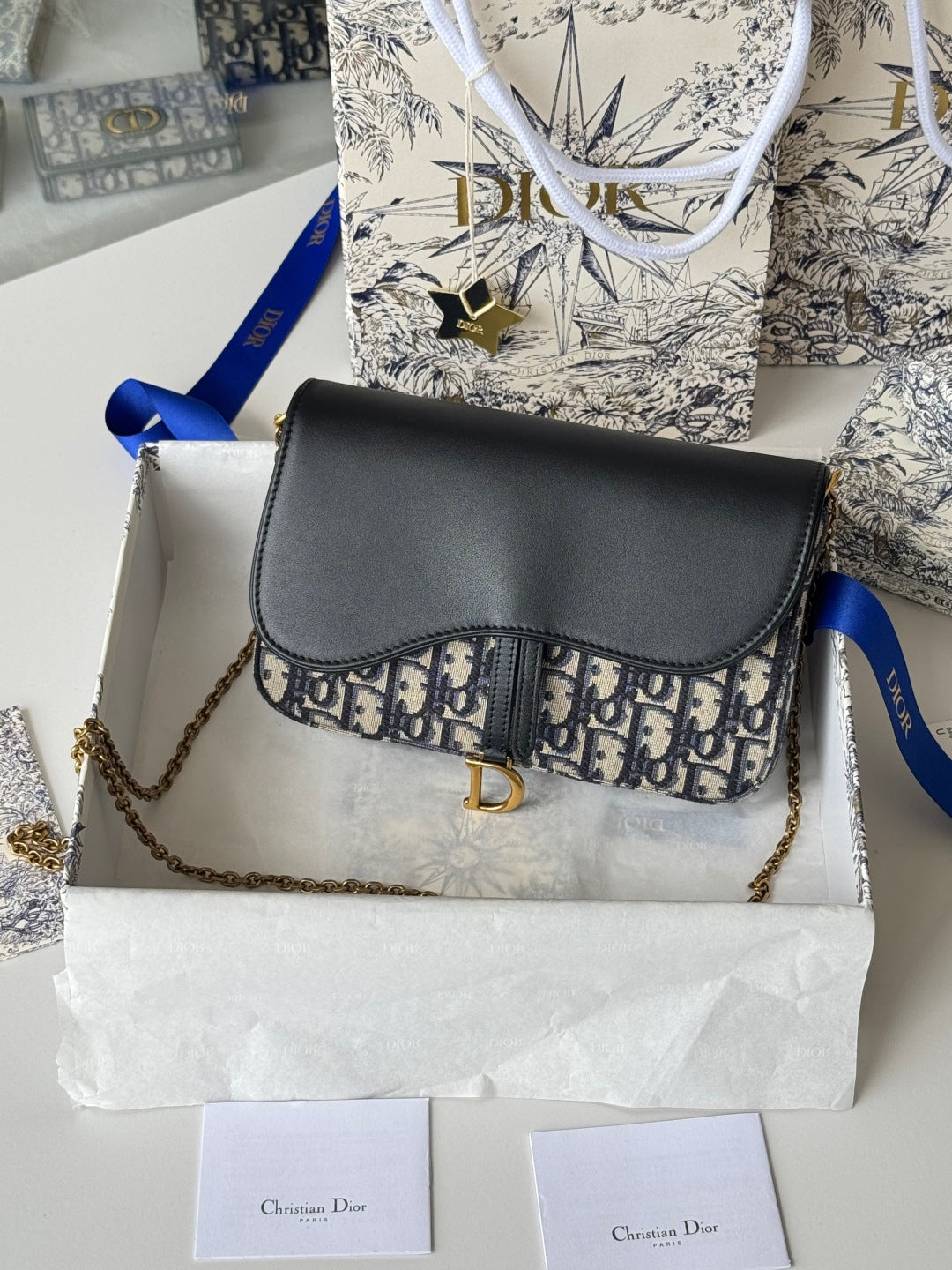 CD S5907CNKO Medium Saddle Pouch with Chain 21.5cm Blue Jacquard Cowhide GHW