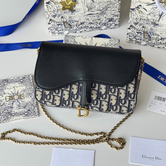 CD S5907CNKO Medium Saddle Pouch with Chain 21.5cm Blue Jacquard Cowhide GHW