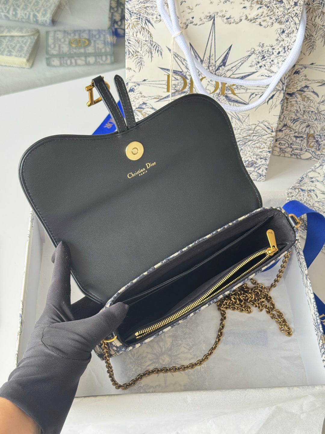 CD S5907CNKO Medium Saddle Pouch with Chain 21.5cm Blue Jacquard Cowhide GHW