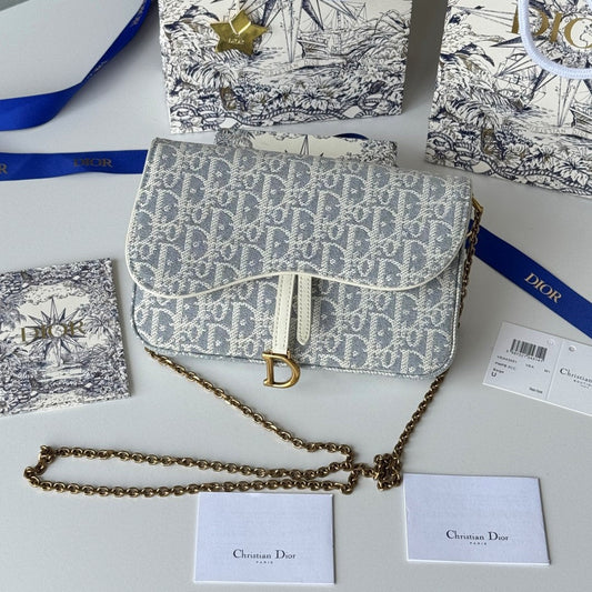 CD Medium Saddle Pouch with Chain 21.5cm White Grey Jacquard Cowhide GHW mysite