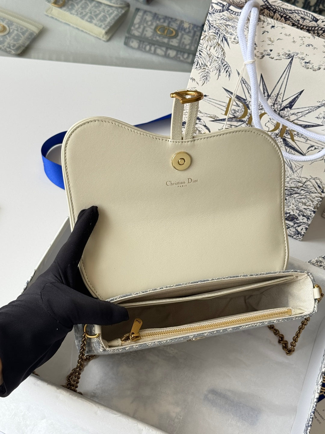 CD Medium Saddle Pouch with Chain 21.5cm White Grey Jacquard Cowhide GHW mysite