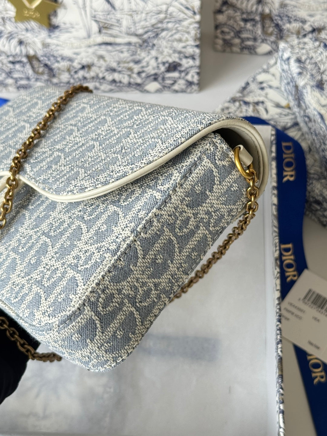 CD Medium Saddle Pouch with Chain 21.5cm White Grey Jacquard Cowhide GHW mysite