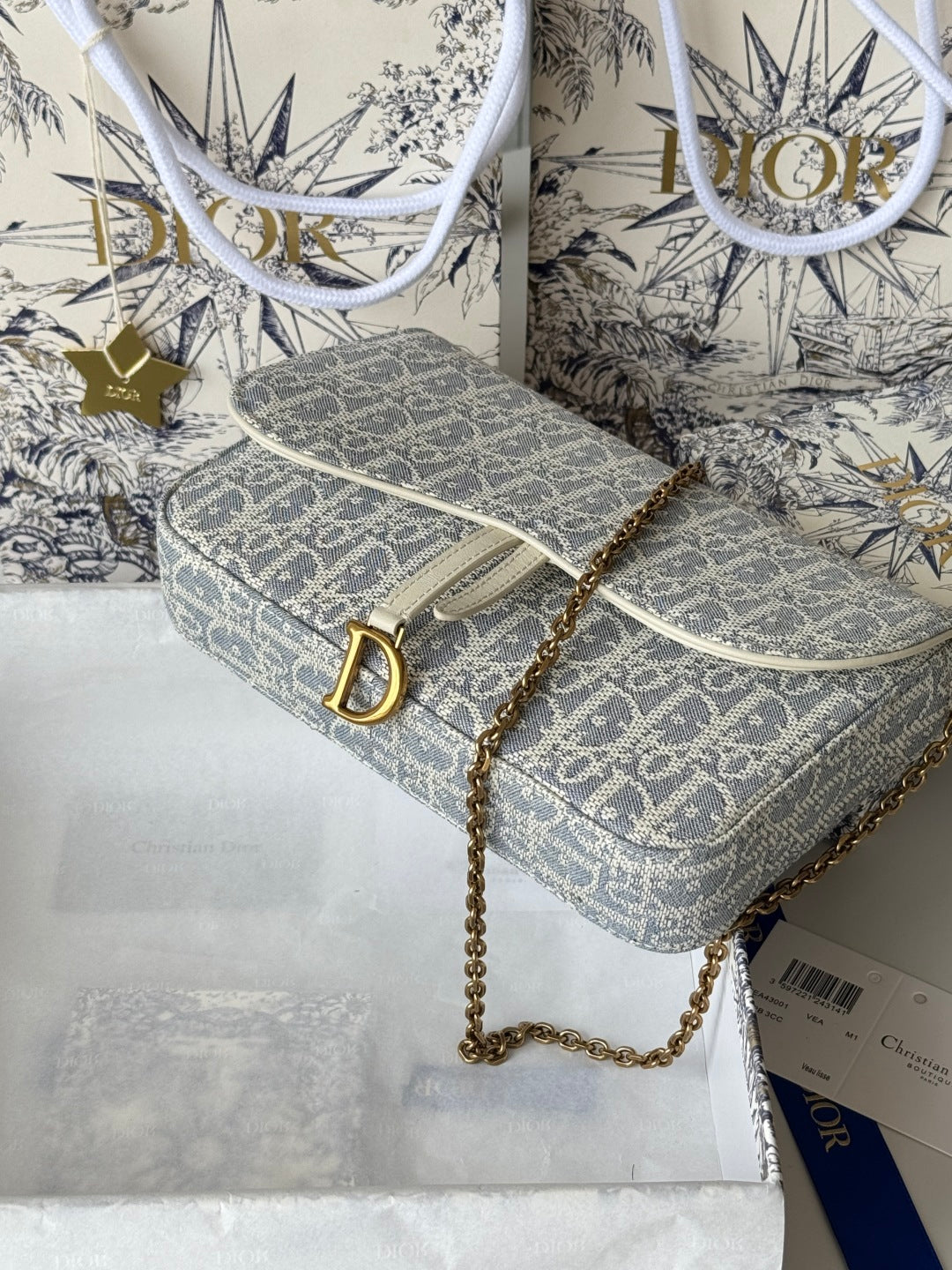 CD Medium Saddle Pouch with Chain 21.5cm White Grey Jacquard Cowhide GHW mysite