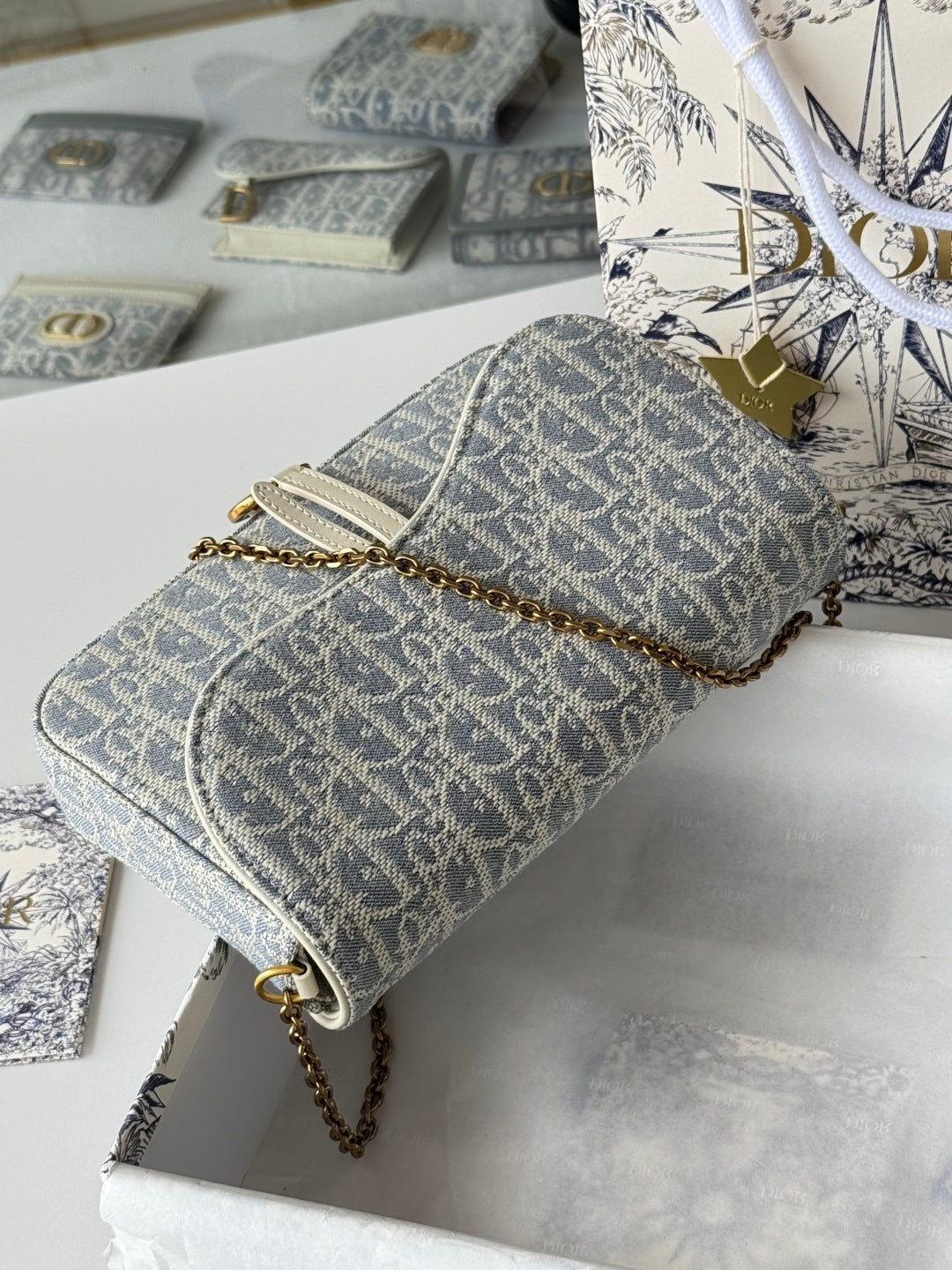 CD Medium Saddle Pouch with Chain 21.5cm White Grey Jacquard Cowhide GHW mysite