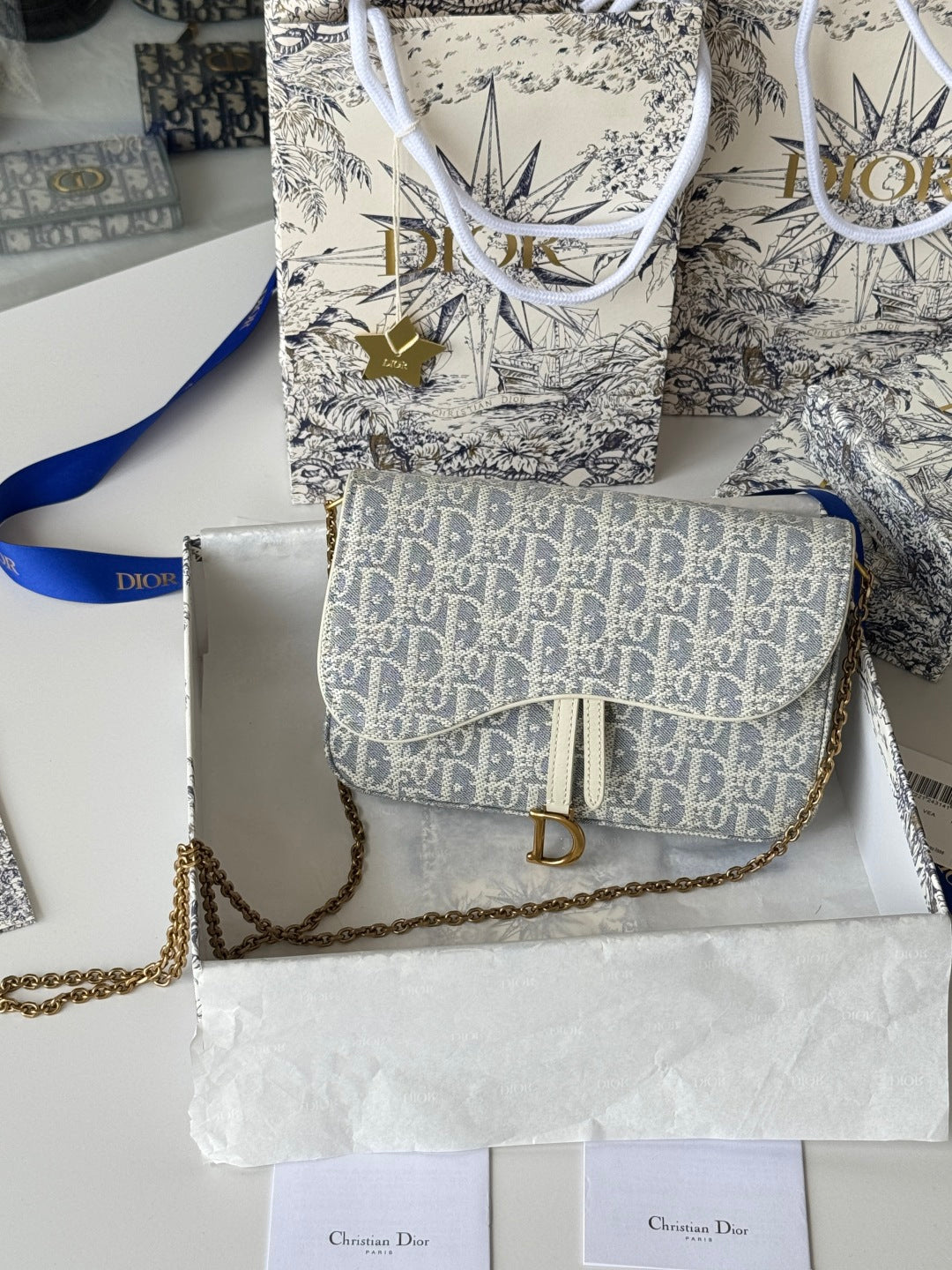 CD Medium Saddle Pouch with Chain 21.5cm White Grey Jacquard Cowhide GHW mysite