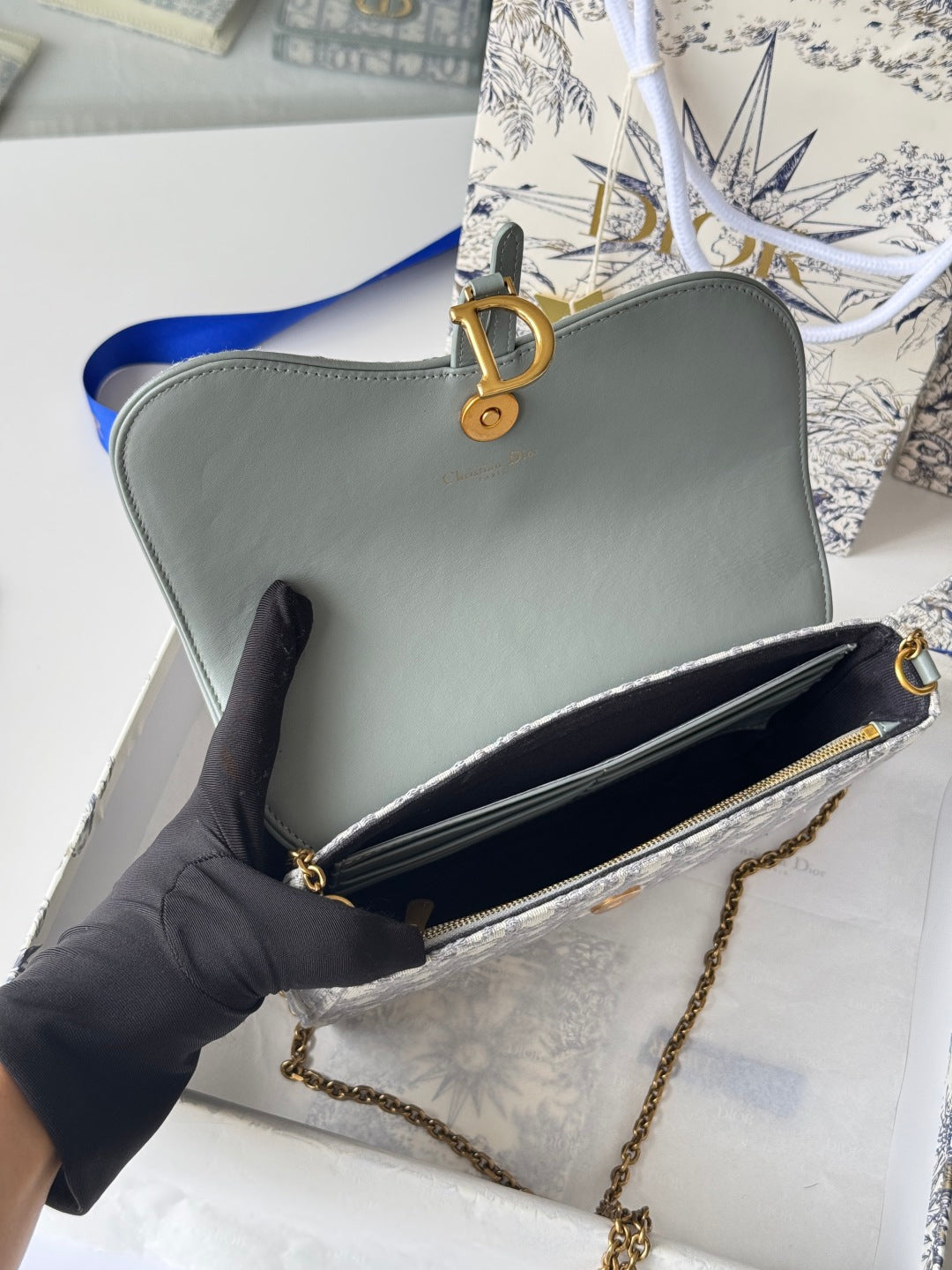 CD Medium Saddle Pouch with Chain 21.5cm Grayish Jacquard Cowhide GHW mysite