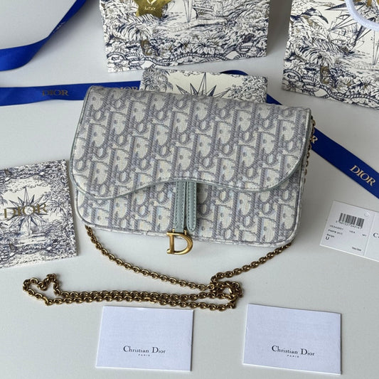 CD Medium Saddle Pouch with Chain 21.5cm Grayish Jacquard Cowhide GHW mysite