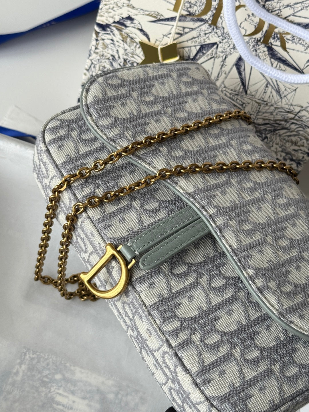 CD Medium Saddle Pouch with Chain 21.5cm Grayish Jacquard Cowhide GHW mysite