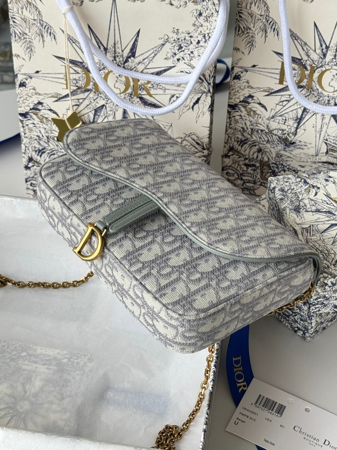 CD Medium Saddle Pouch with Chain 21.5cm Grayish Jacquard Cowhide GHW mysite