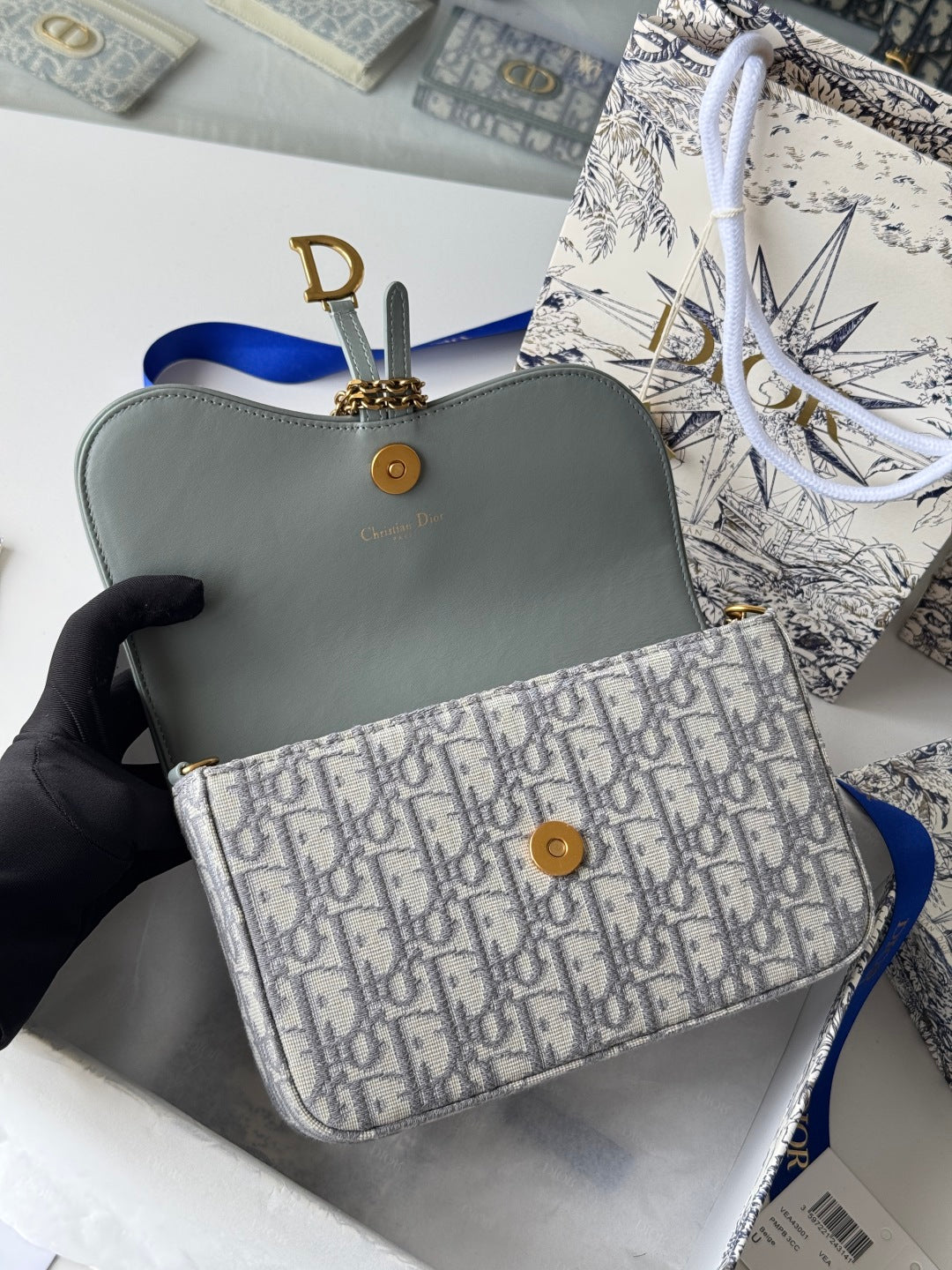 CD Medium Saddle Pouch with Chain 21.5cm Grayish Jacquard Cowhide GHW mysite