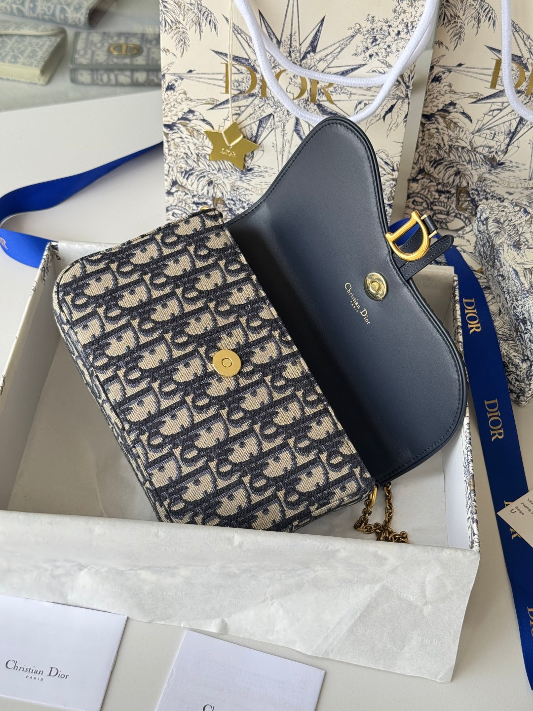 CD Medium Saddle Pouch with Chain 21.5cm Blue Jacquard Cowhide GHW mysite