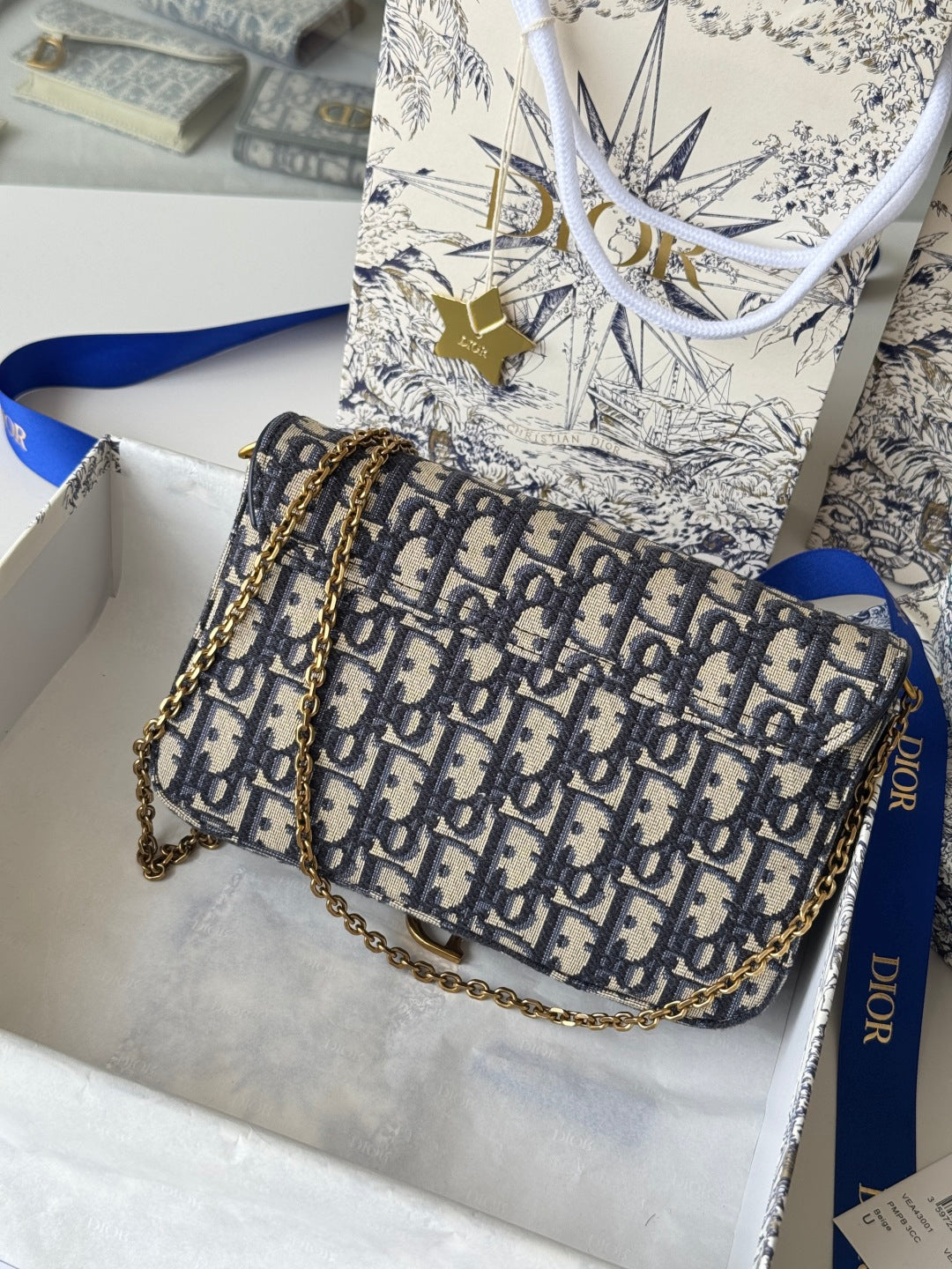 CD Medium Saddle Pouch with Chain 21.5cm Blue Jacquard Cowhide GHW mysite