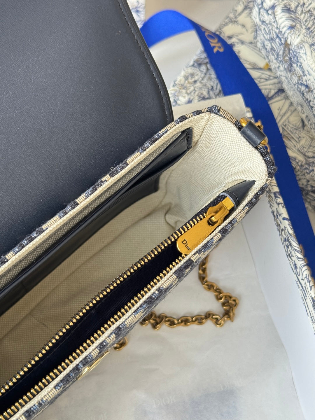 CD Medium Saddle Pouch with Chain 21.5cm Blue Jacquard Cowhide GHW mysite