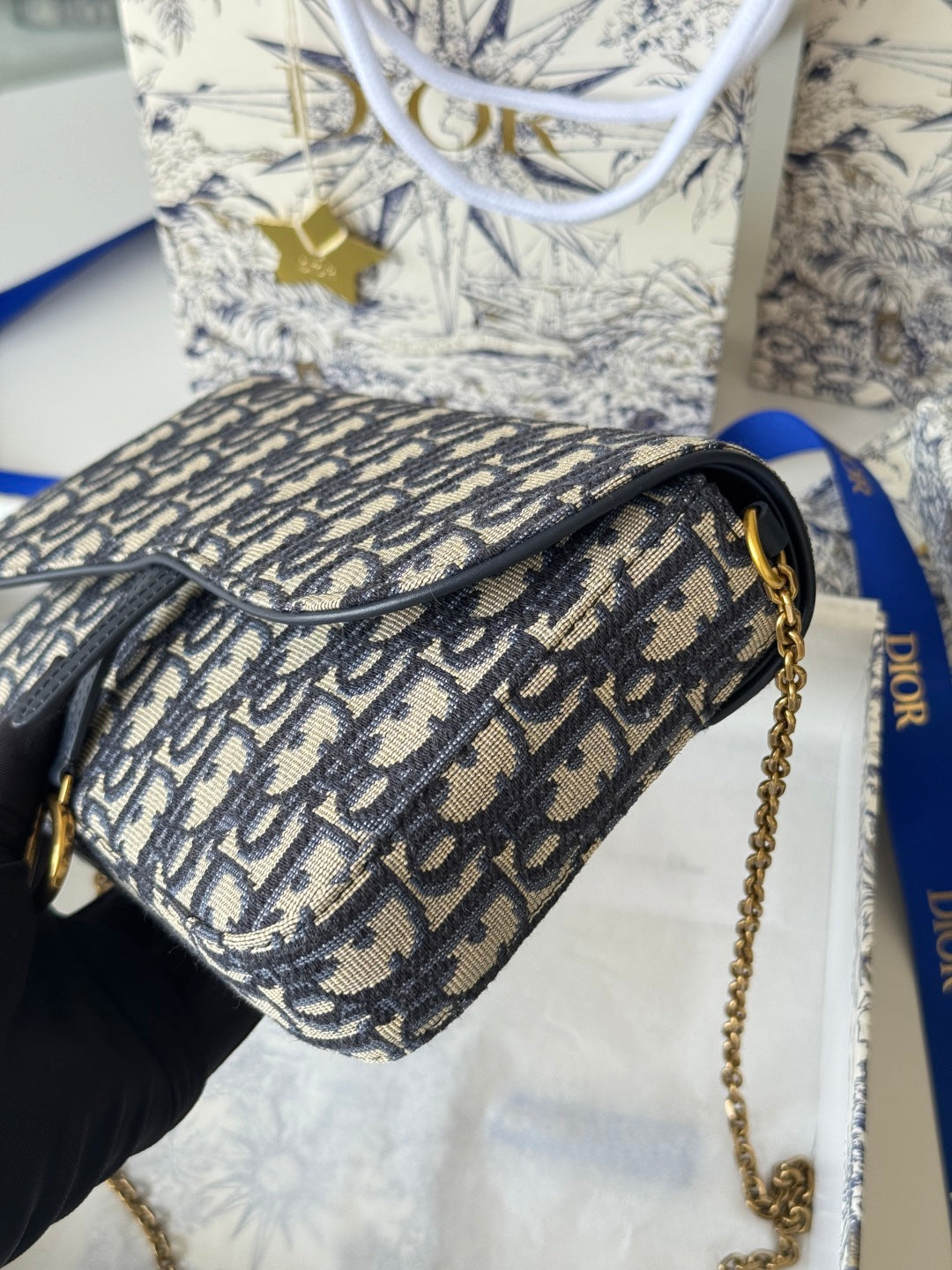 CD Medium Saddle Pouch with Chain 21.5cm Blue Jacquard Cowhide GHW mysite