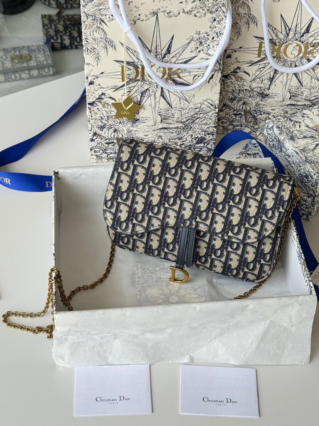 CD Medium Saddle Pouch with Chain 21.5cm Blue Jacquard Cowhide GHW mysite