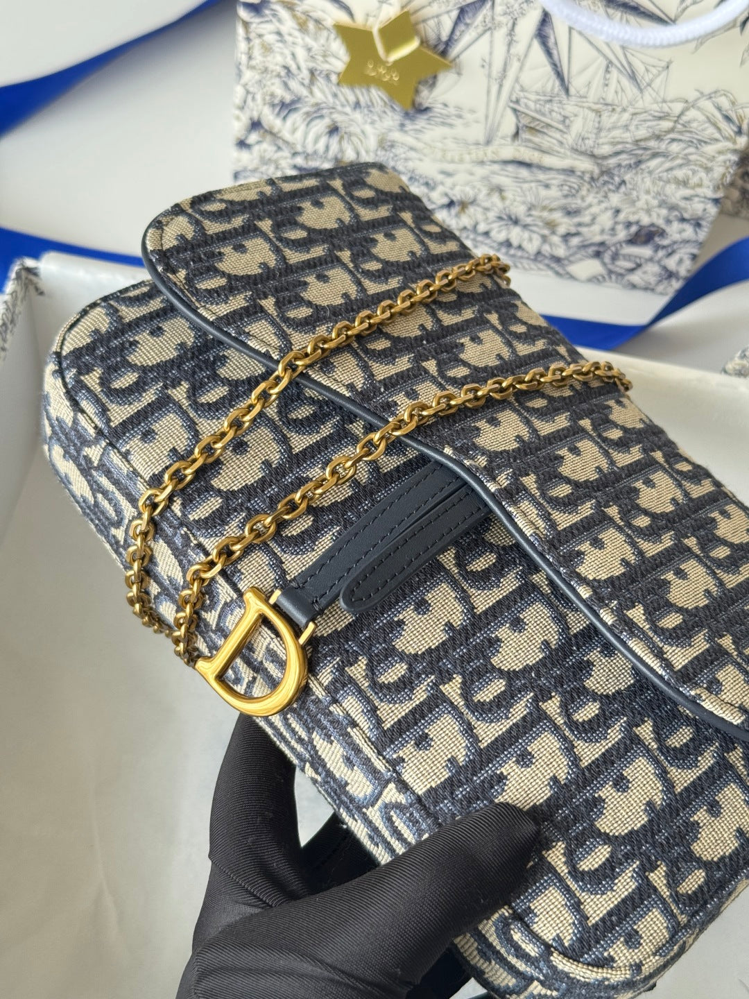 CD Medium Saddle Pouch with Chain 21.5cm Blue Jacquard Cowhide GHW mysite