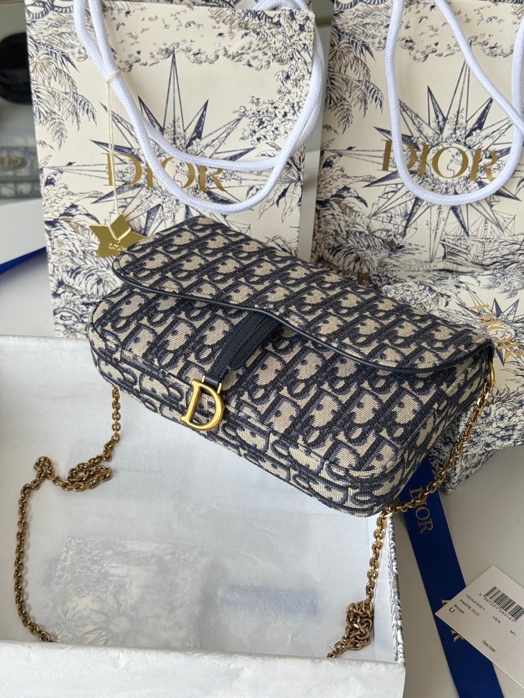 CD Medium Saddle Pouch with Chain 21.5cm Blue Jacquard Cowhide GHW mysite