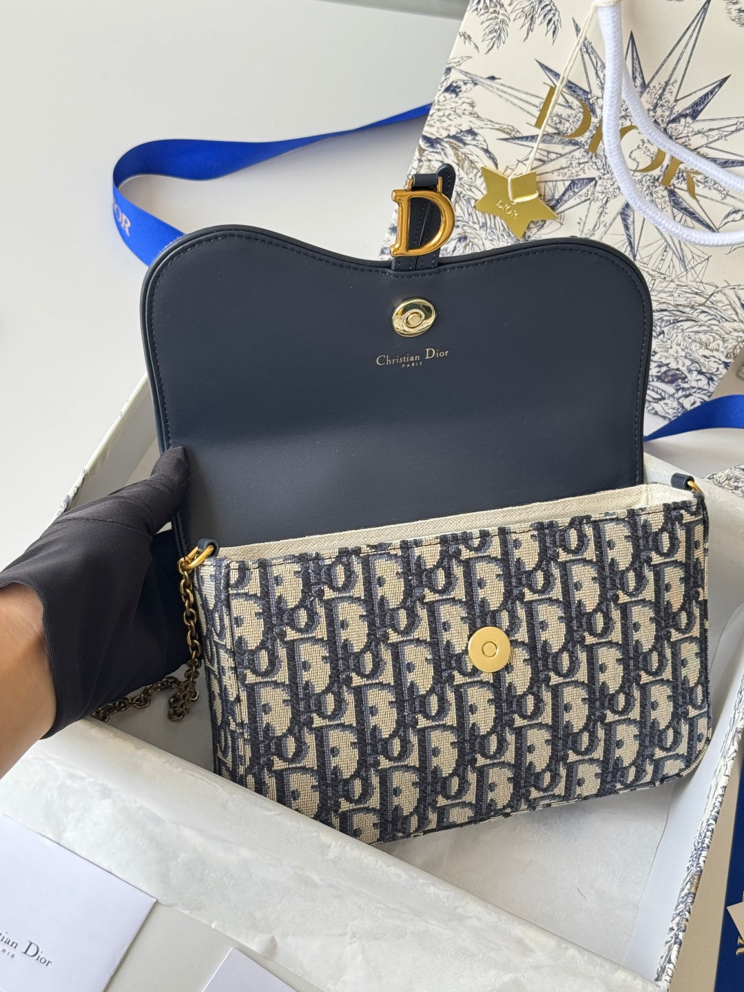 CD Medium Saddle Pouch with Chain 21.5cm Blue Jacquard Cowhide GHW mysite