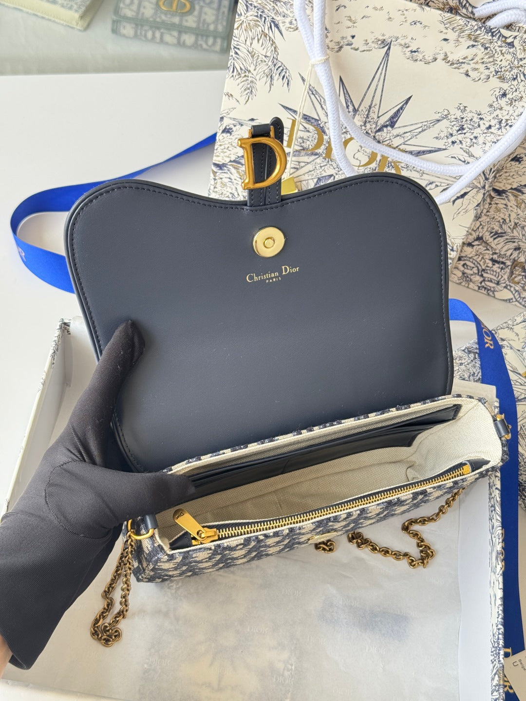 CD Medium Saddle Pouch with Chain 21.5cm Blue Jacquard Cowhide GHW mysite