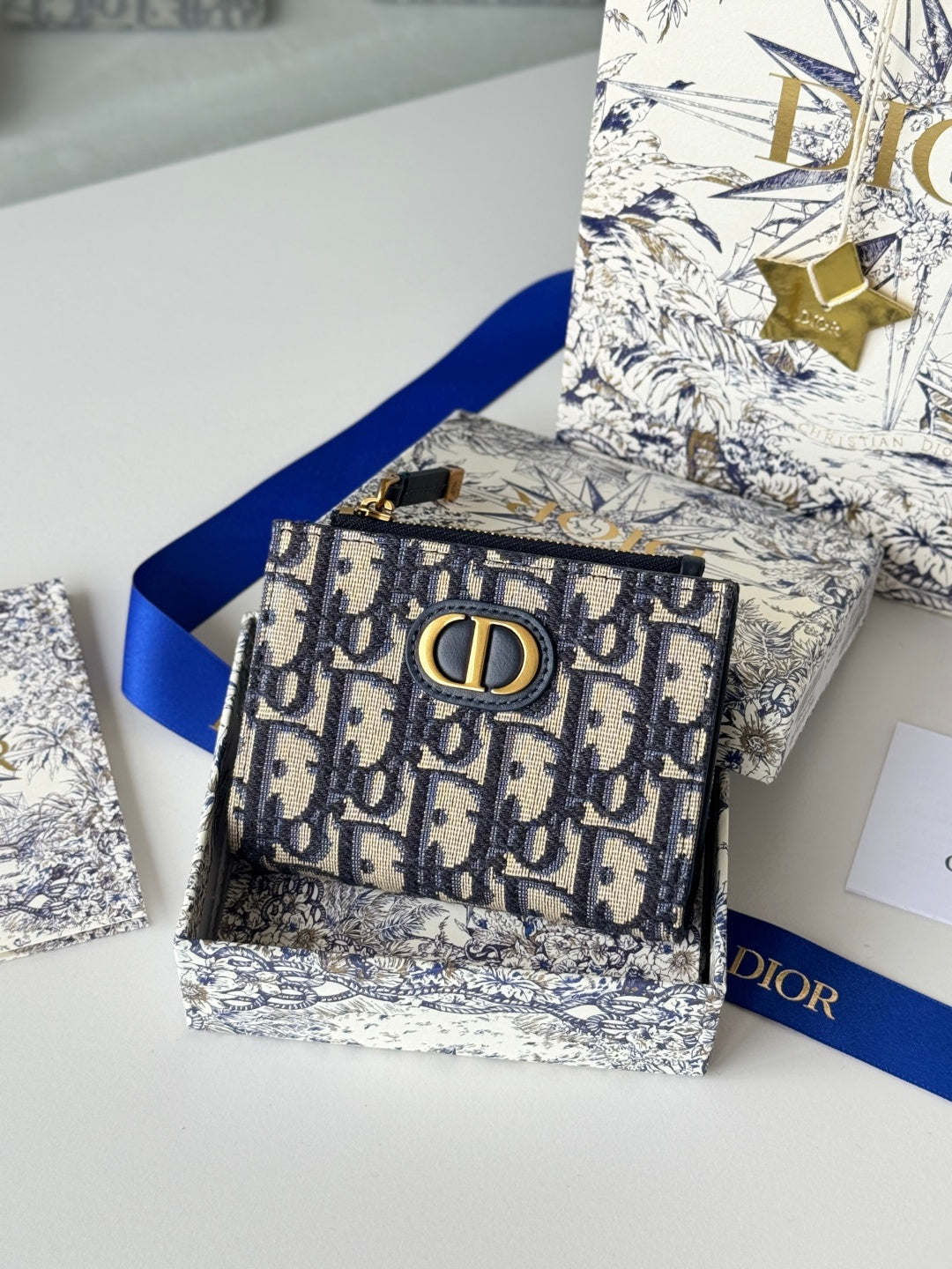 CD 30 Montaigne Dahlia Wallet 12cm Blue Fabric & Calfskin Jacquard mysite