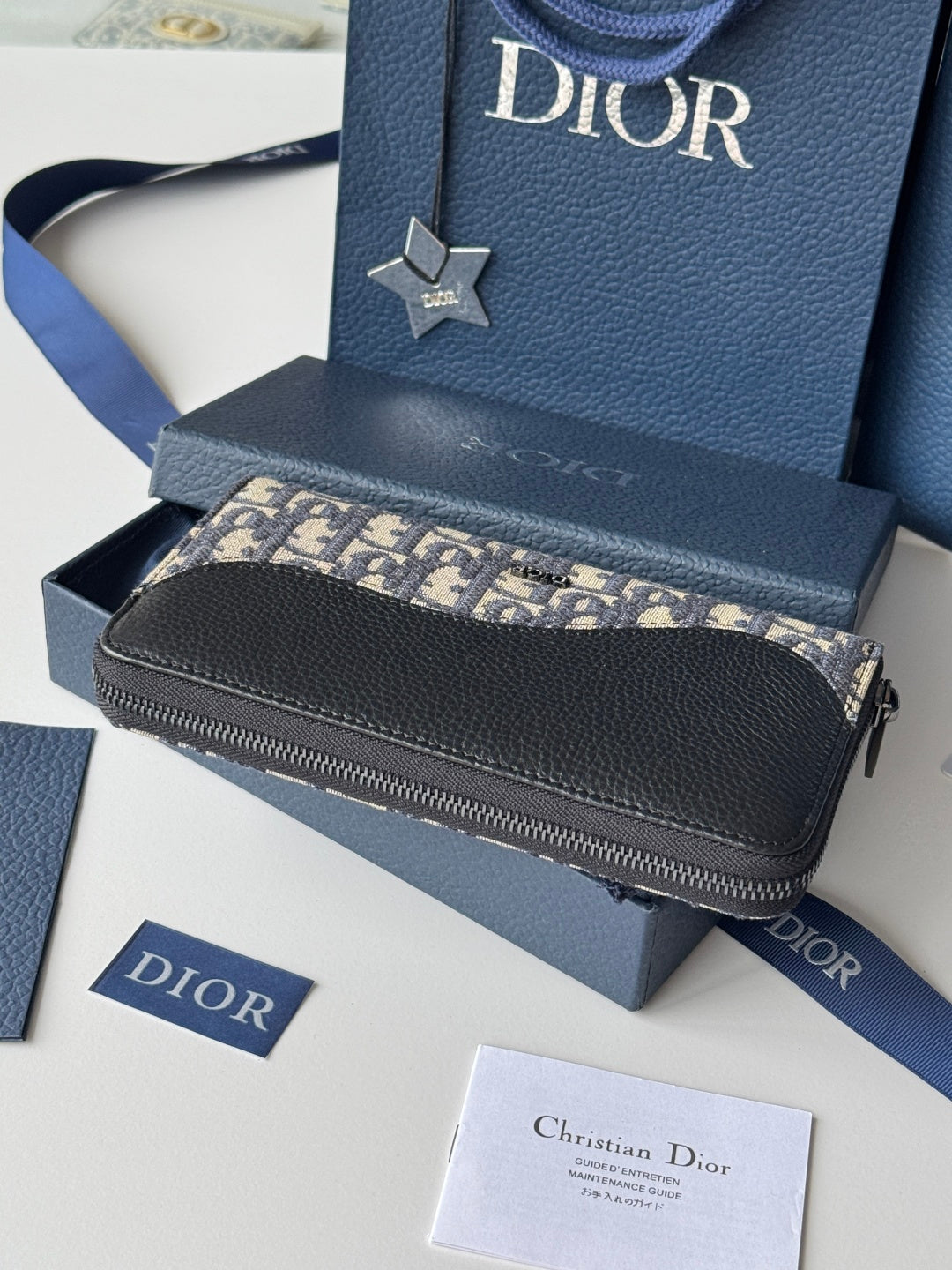 CD Saddle Long Zipped Wallet Black Beige Grain Cowhide & Jacquard mysite