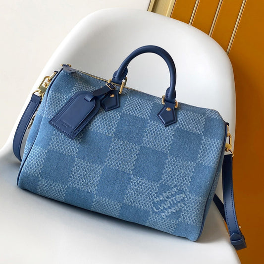 LV Speedy 30 Bandoulière Blue Cotton with 3D Damier Denim GHW mysite