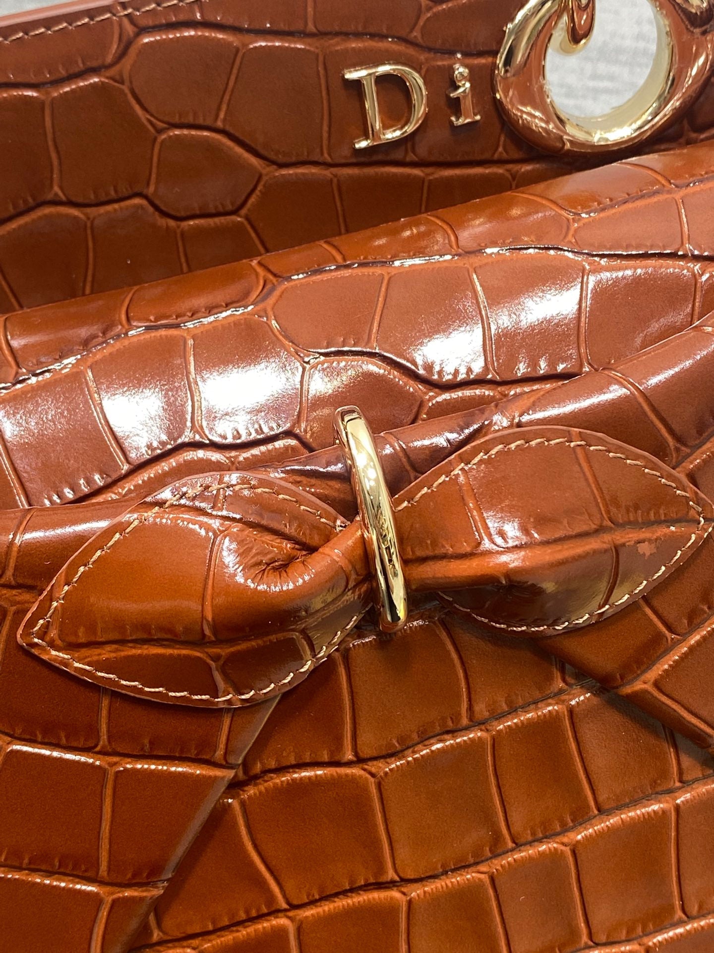 CD 26SS Bow-Adorned Bag Brown Glossy Crocodile Pattern Embossed Calfskin 272523 mysite