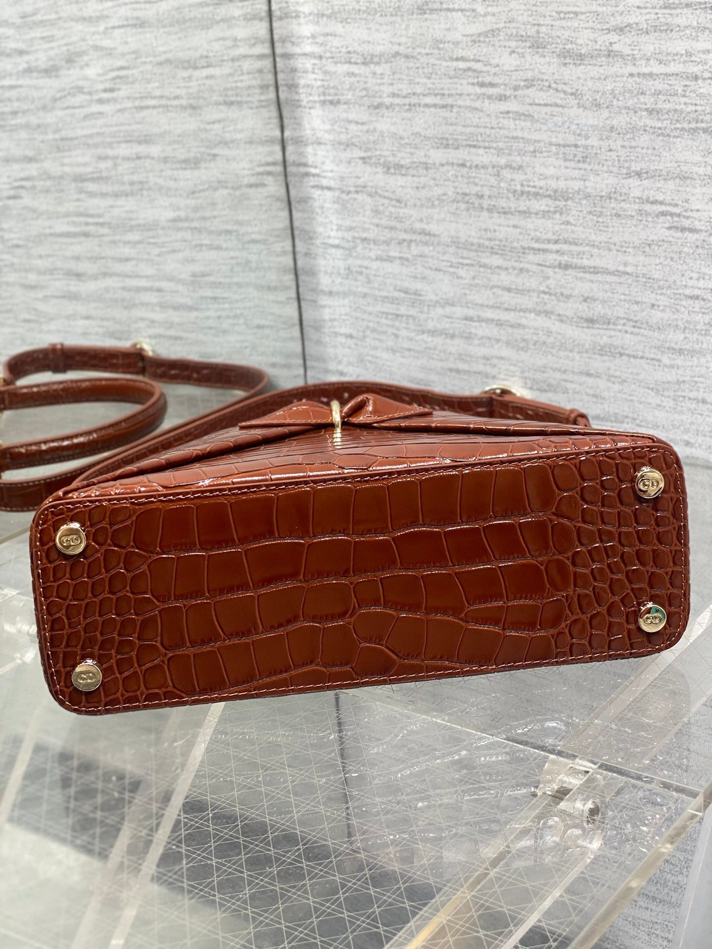 CD 26SS Bow-Adorned Bag Brown Glossy Crocodile Pattern Embossed Calfskin 272523 mysite