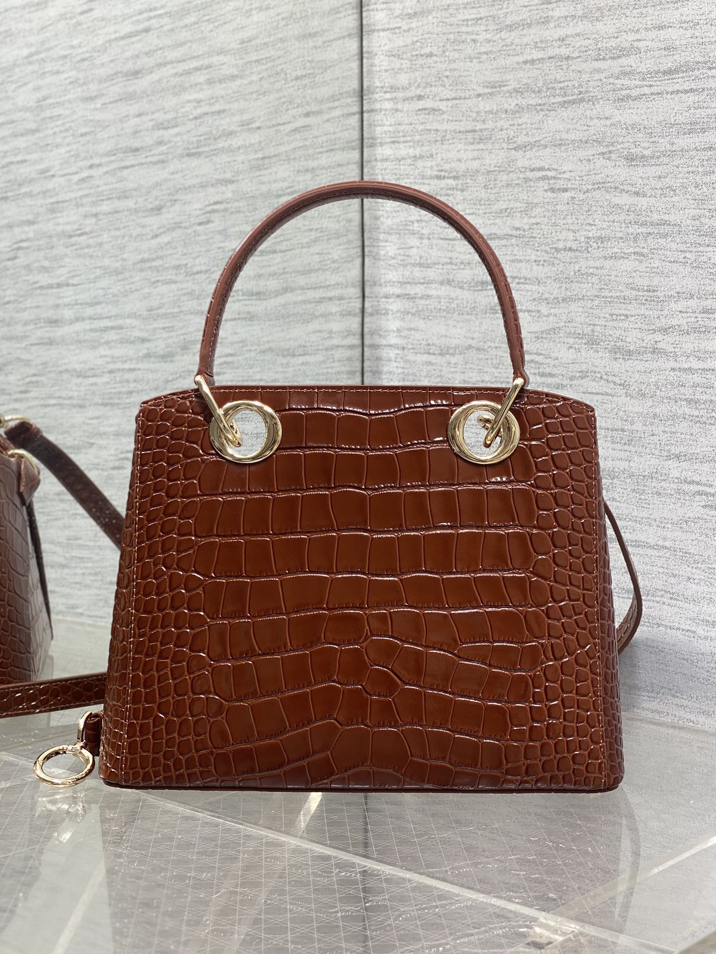 CD 26SS Bow-Adorned Bag Brown Glossy Crocodile Pattern Embossed Calfskin 272523 mysite