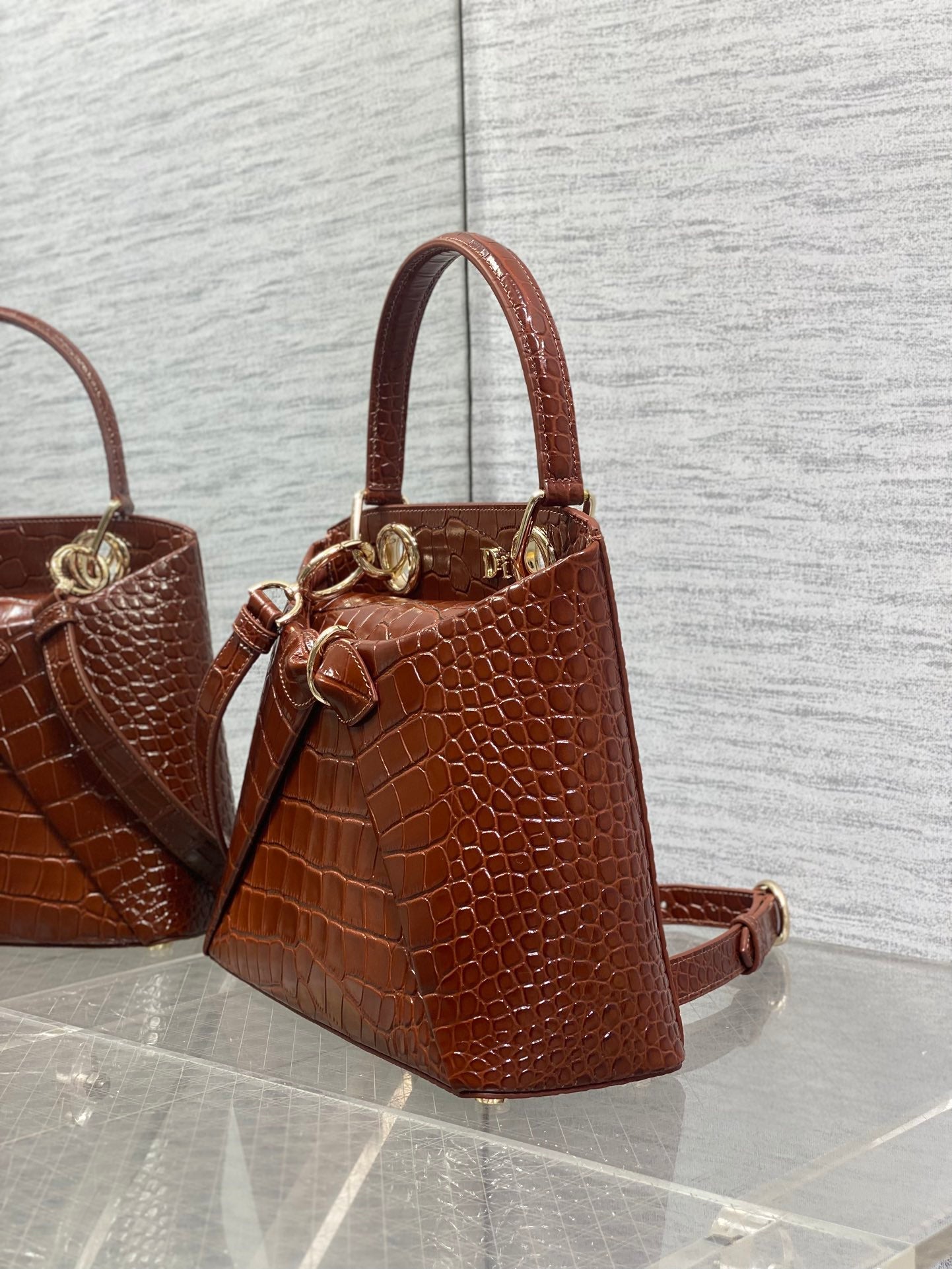 CD 26SS Bow-Adorned Bag Brown Glossy Crocodile Pattern Embossed Calfskin 272523 mysite