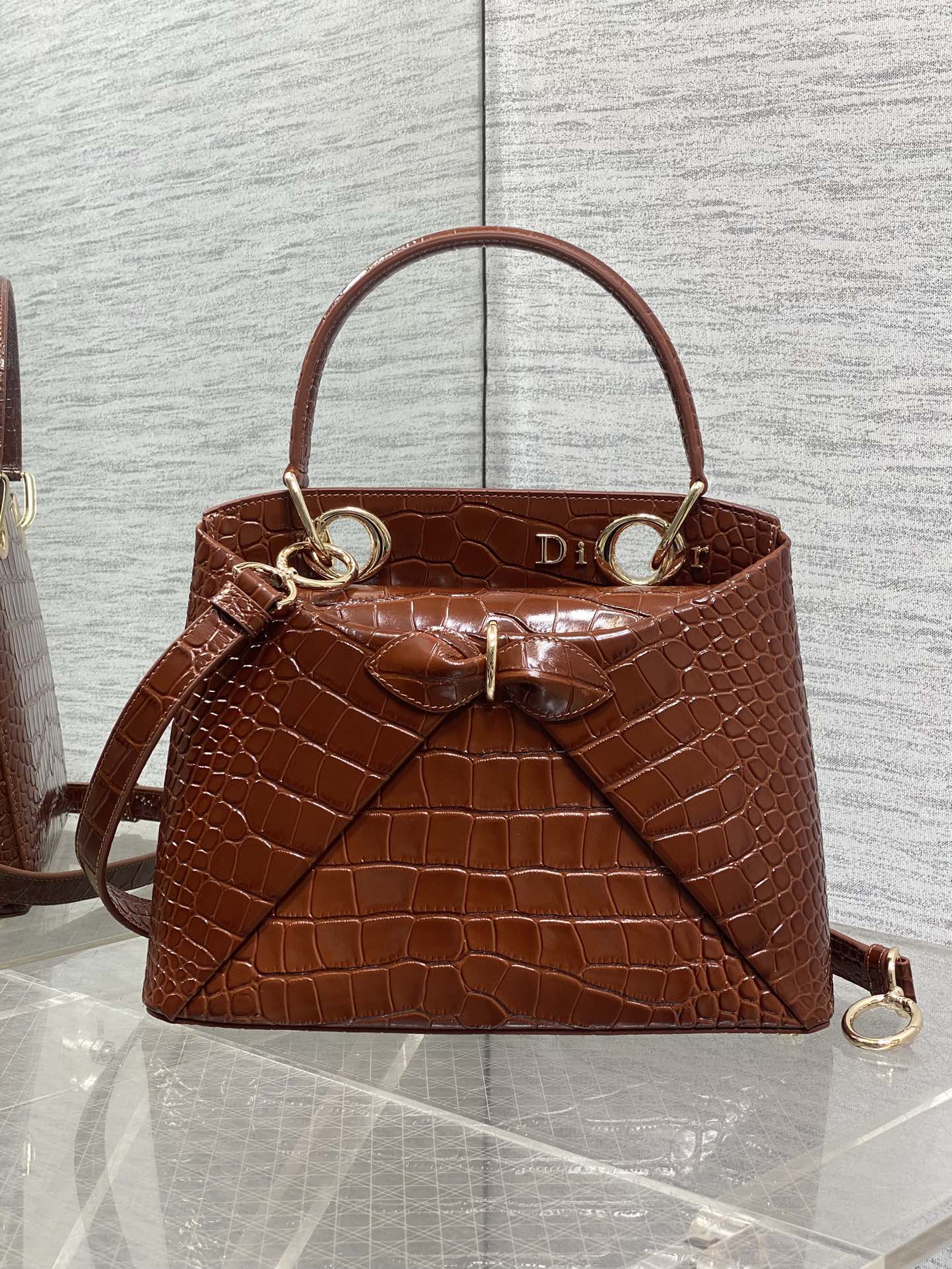 CD 26SS Bow-Adorned Bag Brown Glossy Crocodile Pattern Embossed Calfskin 272523 mysite